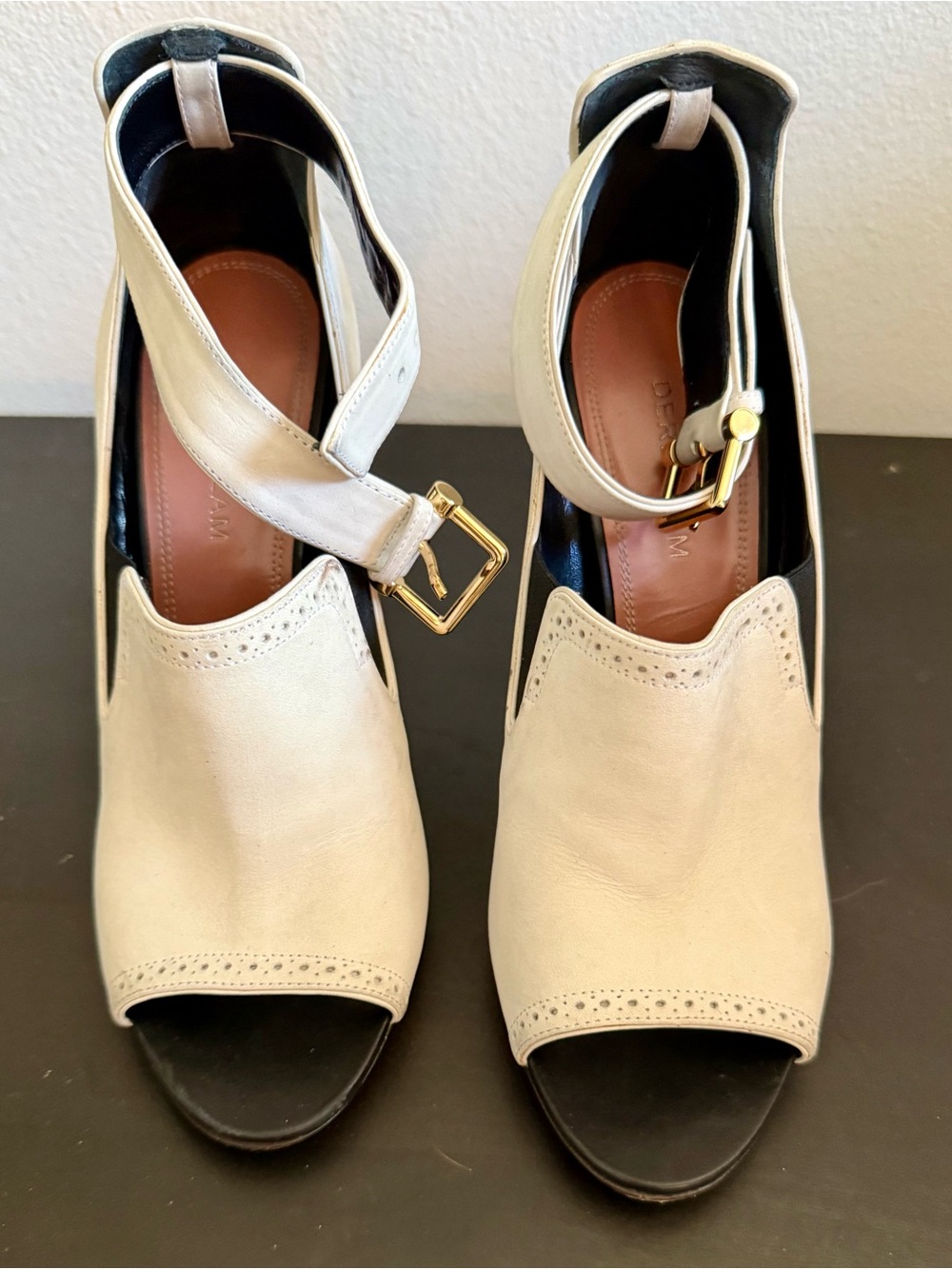 Derek Lam Cream Open-Toe Ankle Strap Heels with Gold Buckle